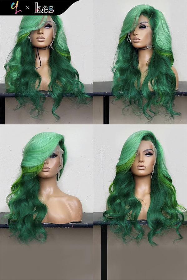 Kes x cynthialumzy 26 inch 5x5 Glueless human hair HD lace closure wigs 200% density body wave wigs green highlight color