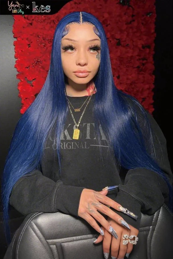 Kes x yanithelacewiz 30 inch 13x6 HD Lace front wigs virgin human hair 200 density lace frontal straight wigs blue color