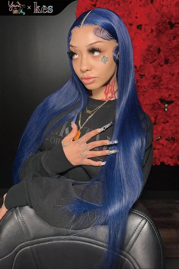 Kes x yanithelacewiz 30 inch 13x6 HD Lace front wigs virgin human hair 200 density lace frontal straight wigs blue color