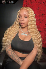 Kes x yanithelacewiz 26 inch 13x6 HD Lace front wigs virgin human hair 200 density lace frontal deep wave wigs blonde highlight color