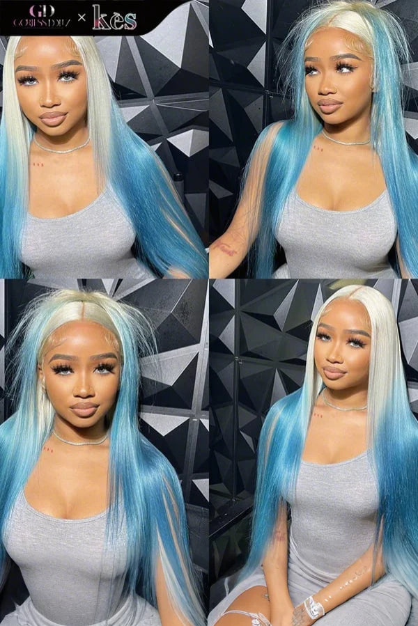 Kes x gorjessdollz 24 inch 13x6 HD Lace front wigs virgin human hair 200 density lace frontal straight wigs white and blue ombre color