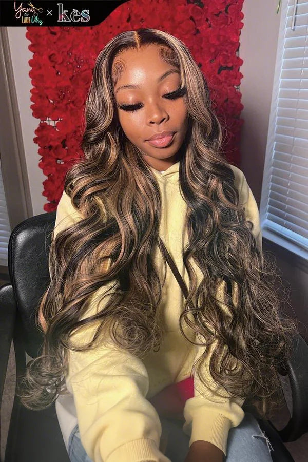 Kes x yanithelacewiz 30 inch 13x6 HD Lace front wigs virgin human hair 200 density lace frontal body wave wigs brown highlight color