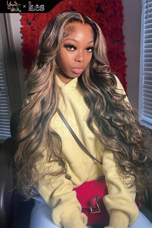 Kes x yanithelacewiz 30 inch 13x6 HD Lace front wigs virgin human hair 200 density lace frontal body wave wigs brown highlight color