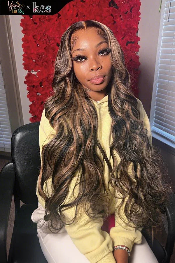 Kes x yanithelacewiz 30 inch 13x6 HD Lace front wigs virgin human hair 200 density lace frontal body wave wigs brown highlight color