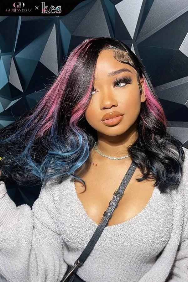 Kes x gorjessdollz 20 inch 13x6 HD Lace front wigs virgin human hair 200 density lace frontal body wave wigs pink and blue highlight color