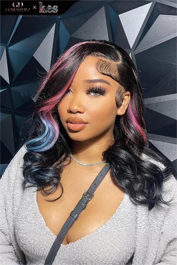 Kes x gorjessdollz 20 inch 13x6 HD Lace front wigs virgin human hair 200 density lace frontal body wave wigs pink and blue highlight color