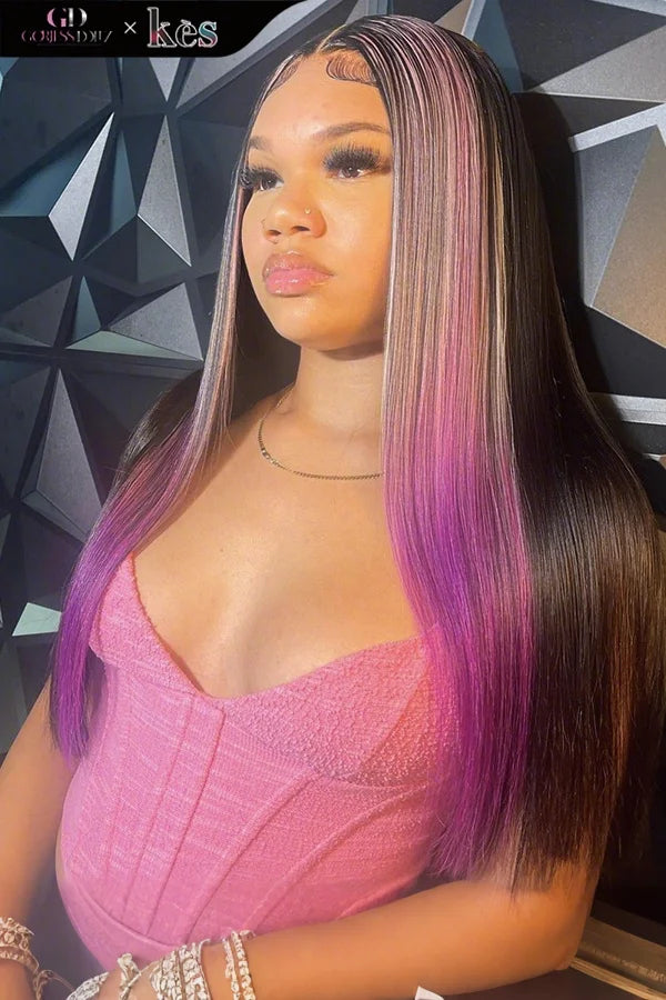 Kes x gorjessdollz 20 inch 13x6 HD Lace front wigs virgin human hair 200 density lace frontal straight wigs purple highlight color