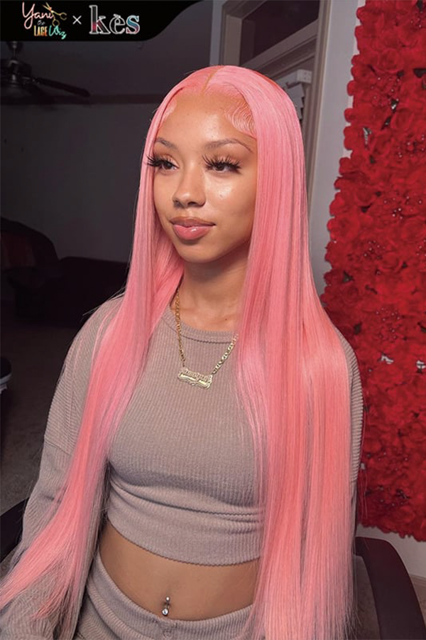 Kes x yanithelacewiz 28 inch 13x6 HD Lace front wigs virgin human hair 200 density lace frontal straight wigs pink color