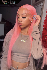 Kes x yanithelacewiz 28 inch 13x6 HD Lace front wigs virgin human hair 200 density lace frontal straight wigs pink color