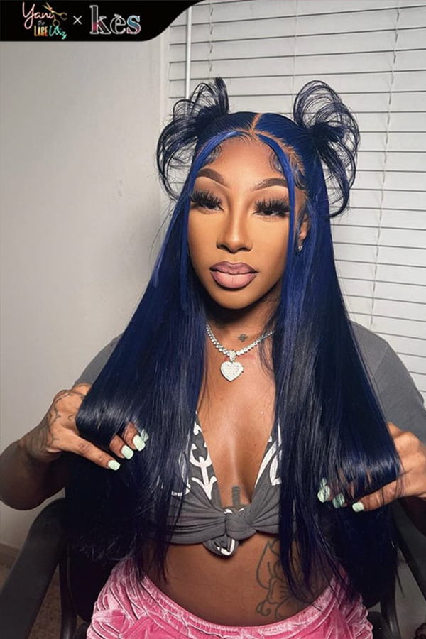 Kes x yanithelacewiz 28 inch 13x6 HD Lace front wigs virgin human hair 200 density lace frontal straight wigs blue color