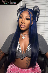 Kes x yanithelacewiz 28 inch 13x6 HD Lace front wigs virgin human hair 200 density lace frontal straight wigs blue color