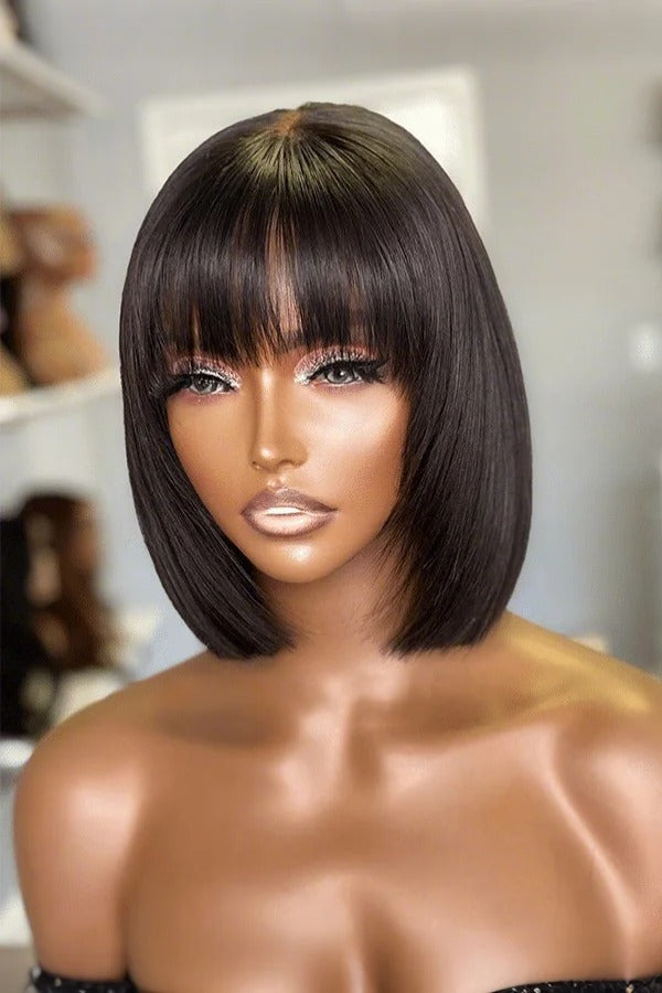 Minimalist Undetectable Lace Wig Silky Straight Bob Wig With Bangs