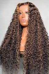 Keswigs Brown Highlights Curly Glueless 5x5 Closure Lace Wig Overall Look
