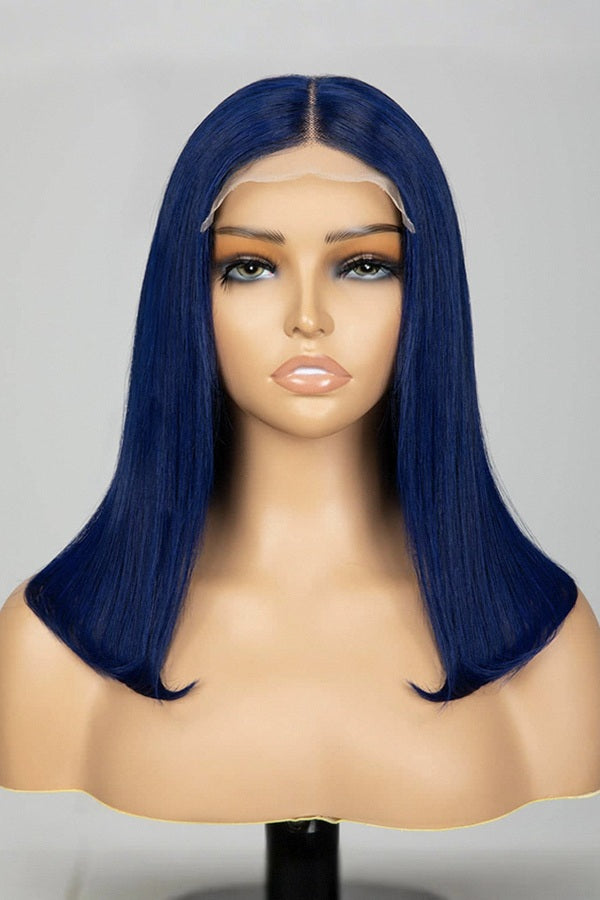 Keswigs Blue color 4x4 transparent lace closure wig 180% density human hair wigs