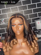 Kes x nailedby.nel 18 inch 5x5 Glueless human hair HD lace closure wigs 200% density body wave wigs blonde and black ombre