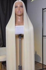 Close - up on the HD Full Lace of Keswigs Platinum Blonde Virgin Human Hair Straight Wig, Revealing Fine Details