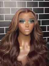 Keswigs Blonde and brown Highlight color 200 density body wave virgin human hair 13x4 HD Lace front wigs